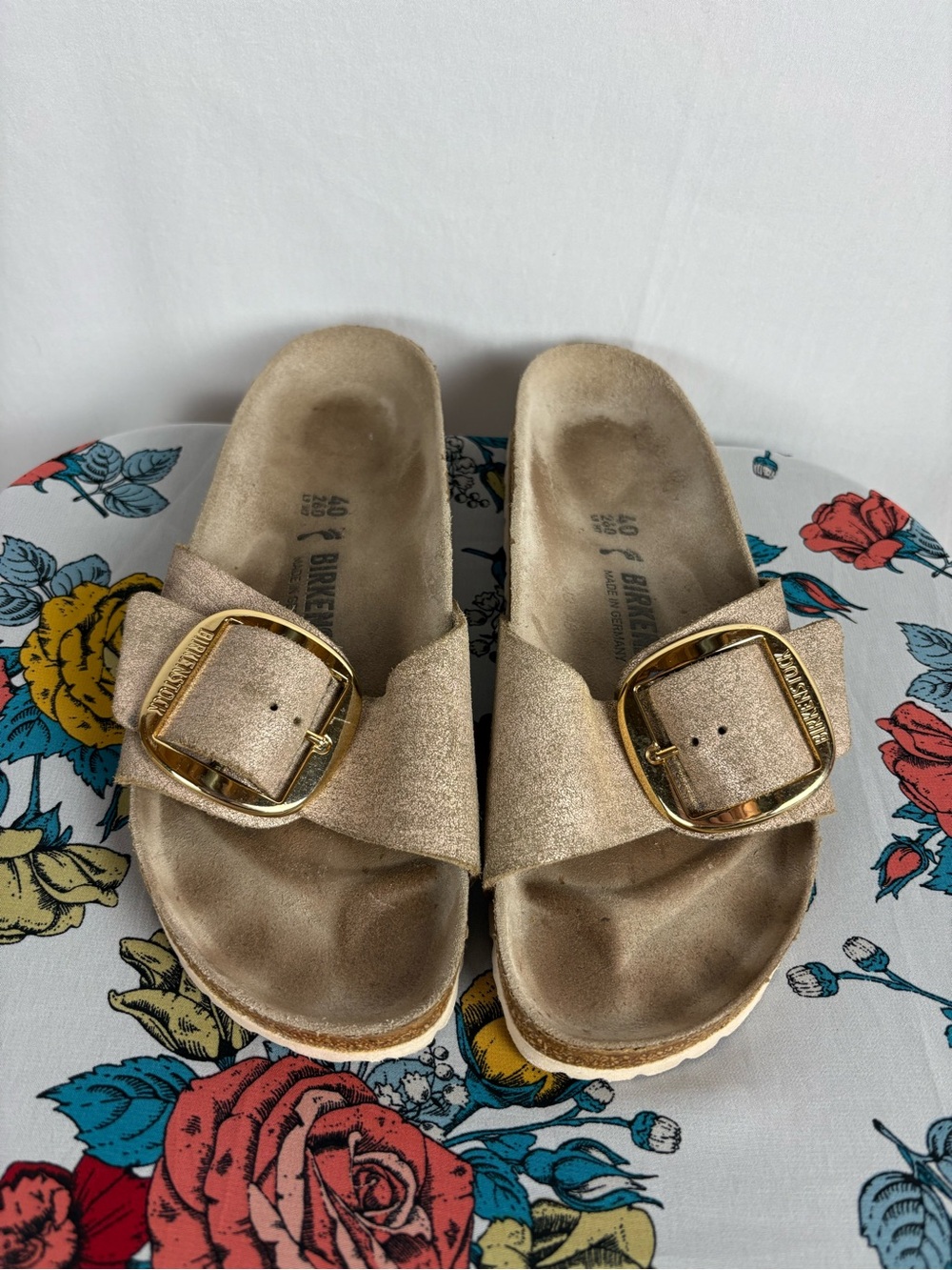 Birkenstock Metallic Gold Single-Strap Slides with Oversized Buckles